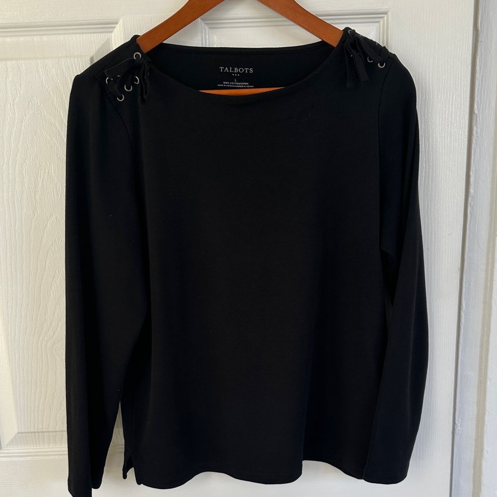 Talbots Black Long Sleeve Top with Lace-Up Detail